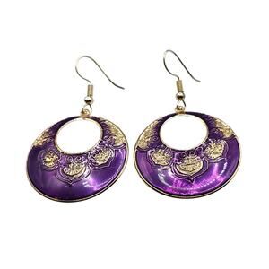 Purple Gold Tone Mandala Dangle Earrings Boho Statement Jewelry Gift Women